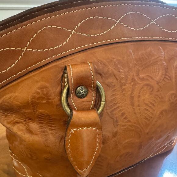 Patricia Nash Zamora Tooled Leather Tote Brown Braided Handles faux suede lined - Picture 2 of 9